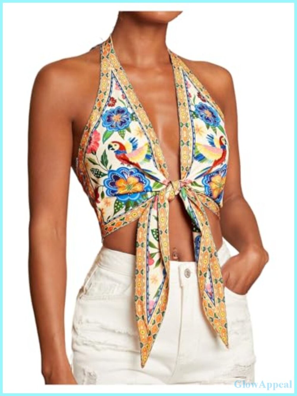Women's Floral Halter Tie Front Backless Crop Tank Top Summer Beach Vacation